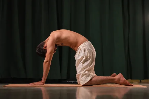 On hands and knees with the back arched high and the head tucked in.