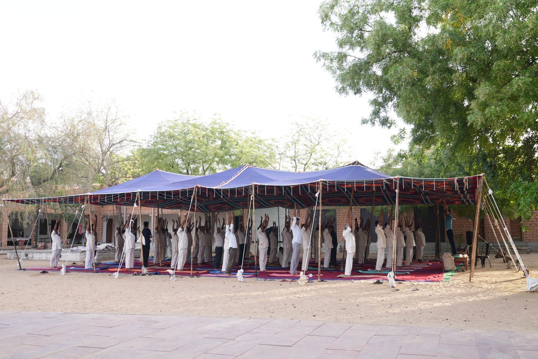 Men standing with arms raised beneath a wide canopy in a sand courtyard, early morning.