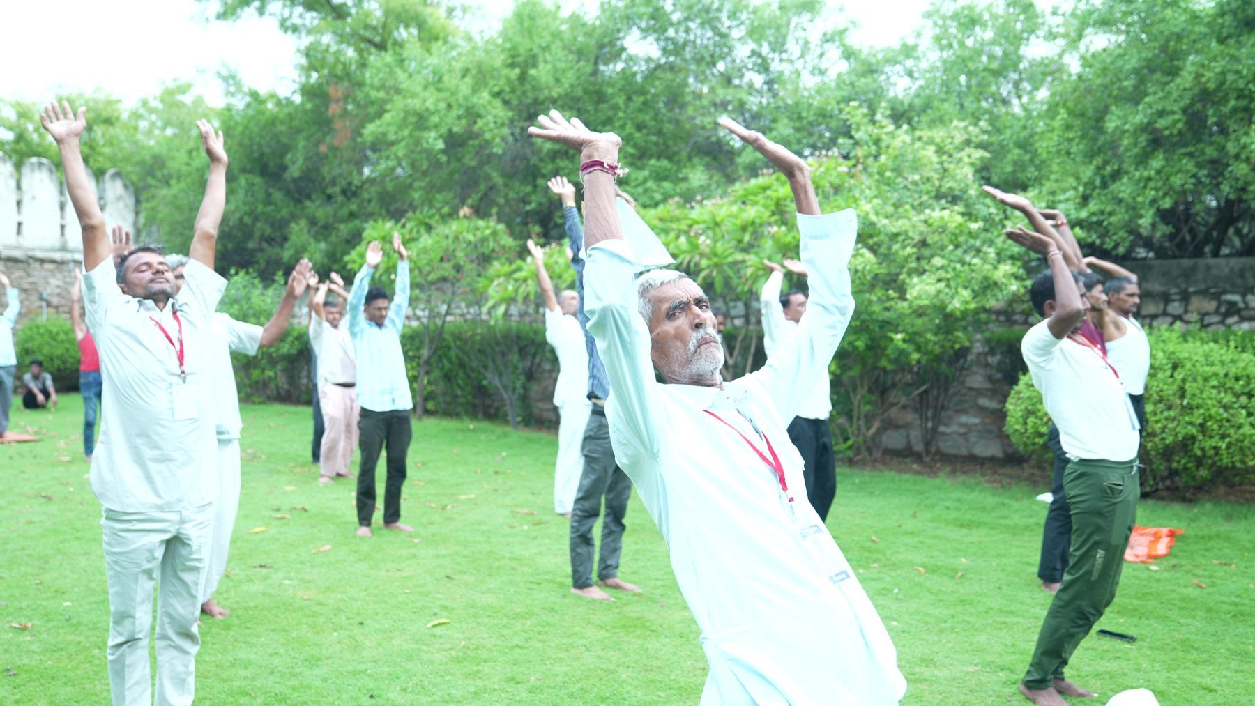 Men on a lawn with their arms stretched overhead, holding the posture, an older man with a white beard concentrating at the centre.