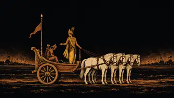 The same chariot, Krishna facing forward with the reins, Arjuna bowed on the floor beside his fallen bow.
