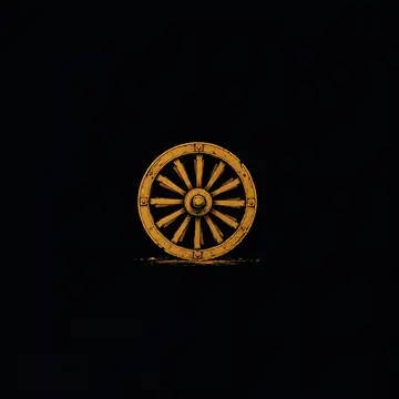 A large spoked chariot wheel turning in dry dust.