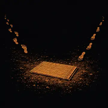 An empty grass mat on bare ground, with footprints leading away from it and a second set returning.