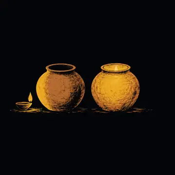 Two clay pots. One is lit by a lamp outside it, the other glows from a lamp burning within.