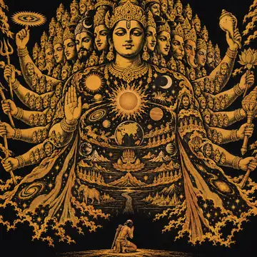 Arjuna kneeling small at the bottom of the picture beneath the Universal Form, which fills the whole sky.
