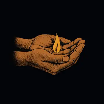 Two cupped hands holding a single small flame.