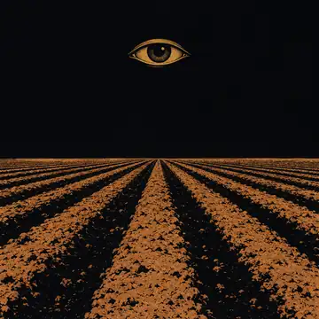 A ploughed field at night with a single calm open eye in the sky above it.