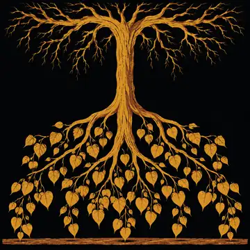 An inverted tree, roots spread in the sky and branches reaching down to the ground.