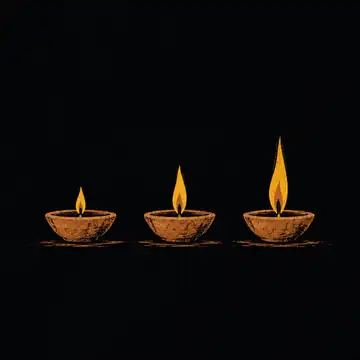 Three identical clay lamps in a row, their flames small, steady and tall.