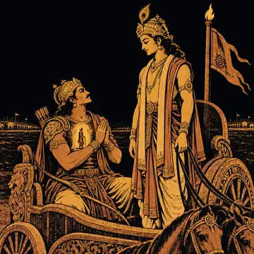 Krishna standing with a mild smile, Arjuna seated upright with joined palms looking up at him, and a small open gate of light in his chest with Krishna standing inside it.