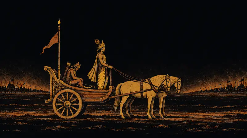 Krishna standing at the reins of a still chariot, turned back toward Arjuna, who sits on the floor with his bow fallen beside him. Two armies wait far off on the horizon.